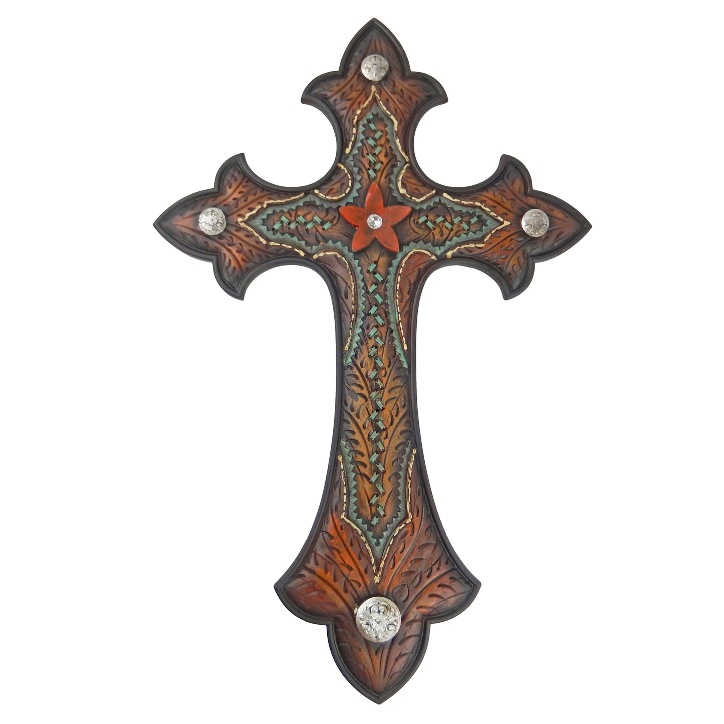 Western Rustic Fleur De Lis Decorative Wall Cross Stitched Look Concho Stone