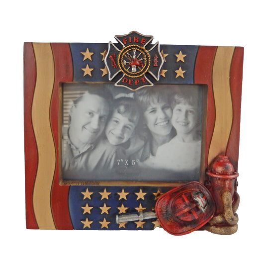 American Flag Fireman Shield Hose 7 x 5 inch Picture Photo Frame Hand Painted