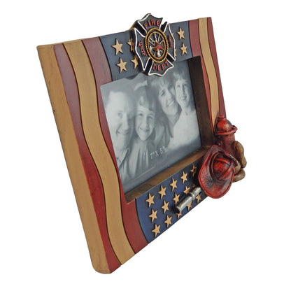 American Flag Fireman Shield Hose 7 x 5 inch Picture Photo Frame Hand Painted