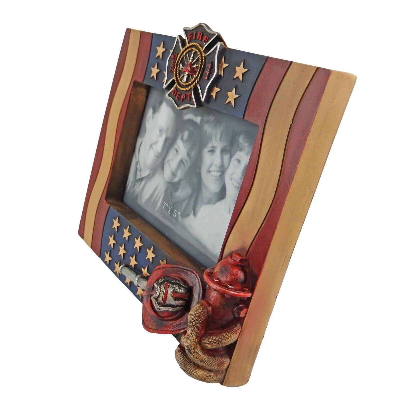 American Flag Fireman Shield Hose 7 x 5 inch Picture Photo Frame Hand Painted