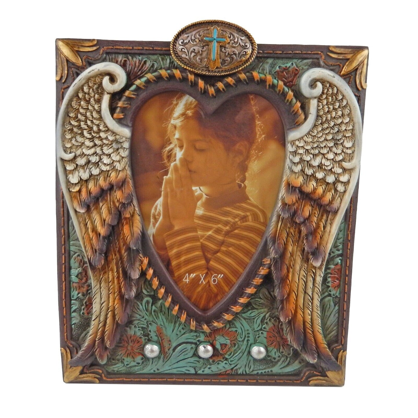 Western Heart Shaped Angel Wings Floral 4 x 6 inch Picture Photo Frame Turquoise