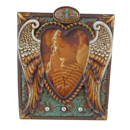 Western Heart Shaped Angel Wings Floral 4 x 6 inch Picture Photo Frame Turquoise