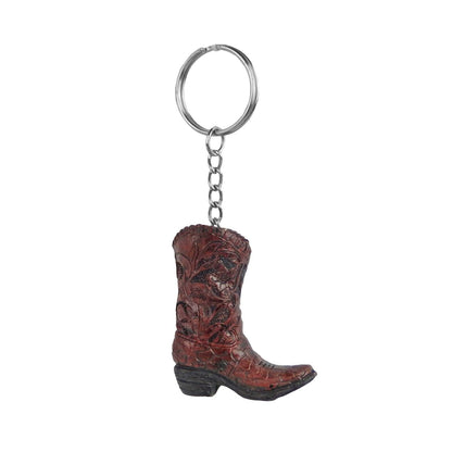 Tiny Cowboy Boot Keychain Key Ring Hand Painted Polyresin Brown Silver Accent