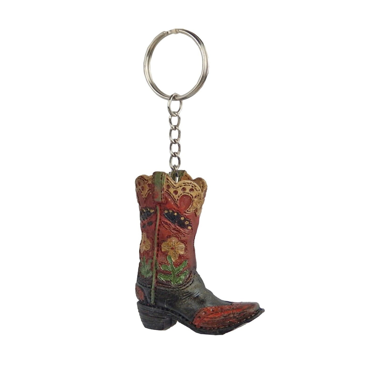 Tiny Cowboy Boot Keychain Key Ring Hand Painted Polyresin Western Style Floral