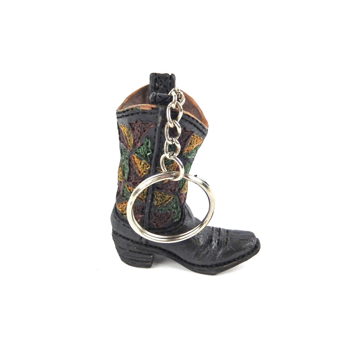 Tiny Cowboy Boot Keychain Key Ring Hand Painted Polyresin Western Style