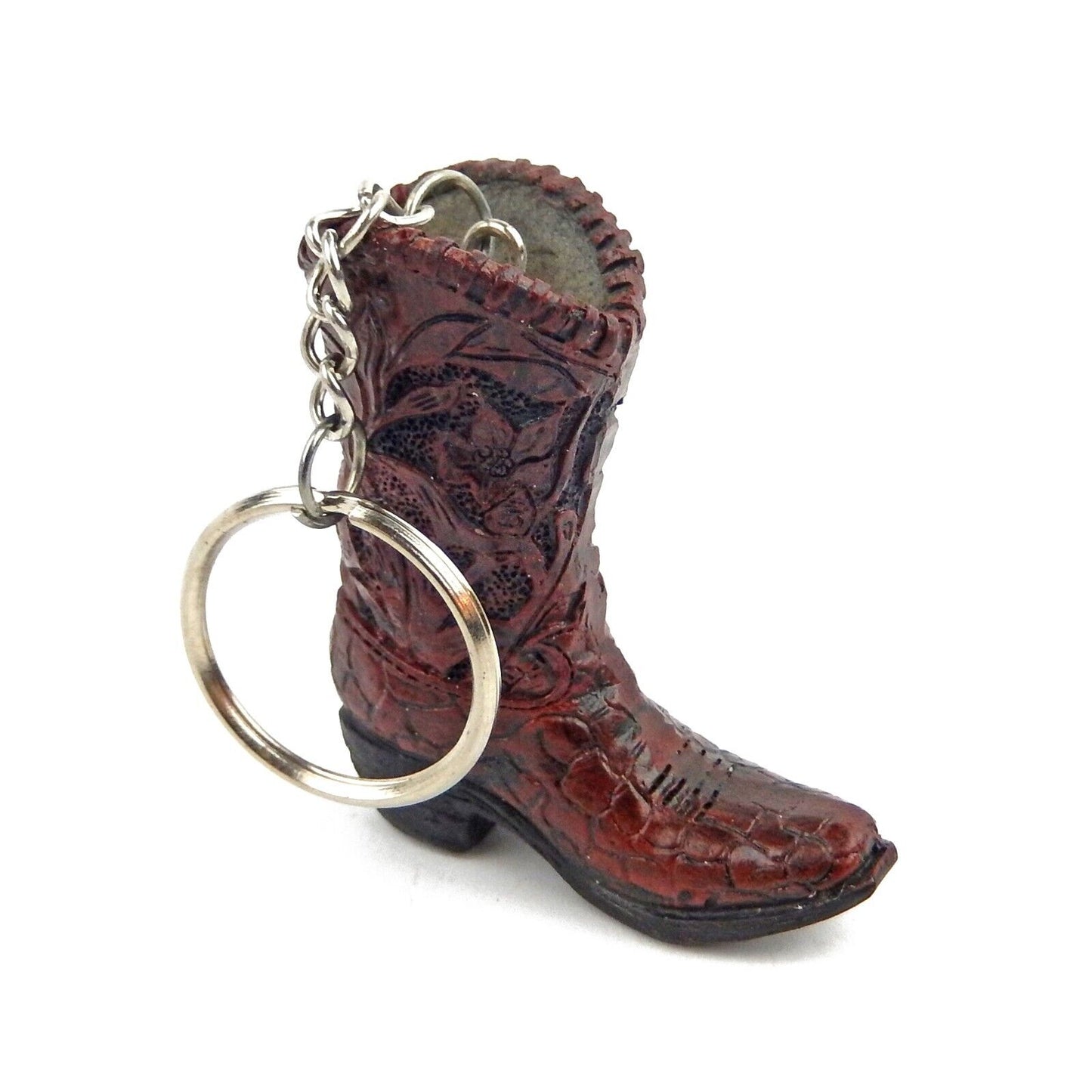 Tiny Cowboy Boot Keychain Key Ring Hand Painted Polyresin Brown Silver Accent