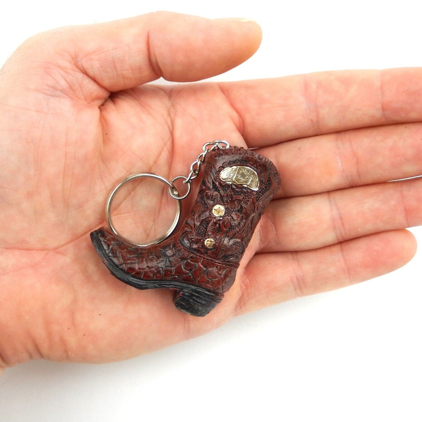 Tiny Cowboy Boot Keychain Key Ring Hand Painted Polyresin Brown Silver Accent