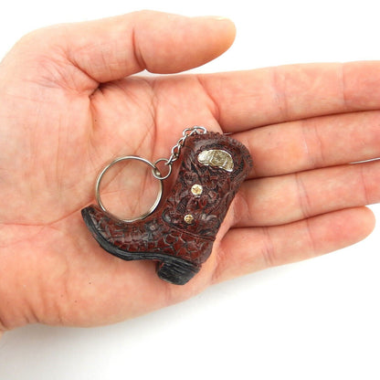 Tiny Cowboy Boot Keychain Key Ring Hand Painted Polyresin Brown Silver Accent