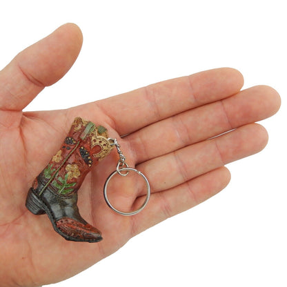 Tiny Cowboy Boot Keychain Key Ring Hand Painted Polyresin Western Style Floral