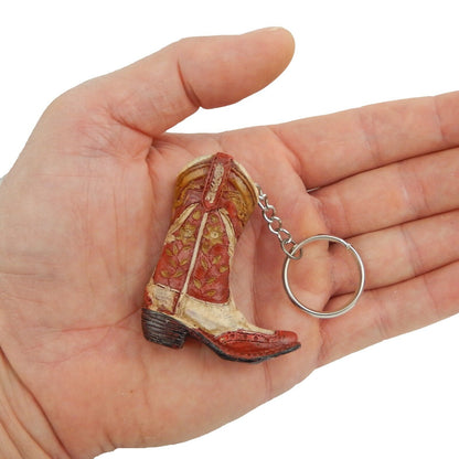 Tiny Cowboy Boot Keychain Key Ring Hand Painted Polyresin Western Floral Red