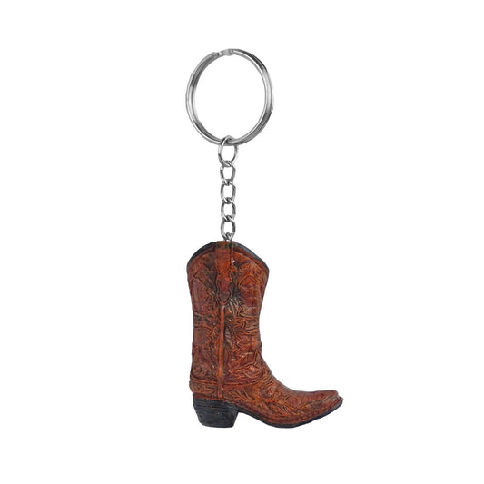 Tiny Cowboy Boot Keychain Key Ring Floral Hand Painted Polyresin Western Brown