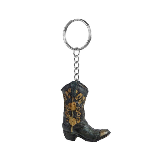 Tiny Cowboy Boot Keychain Key Ring Floral Hand Painted Polyresin Western Black