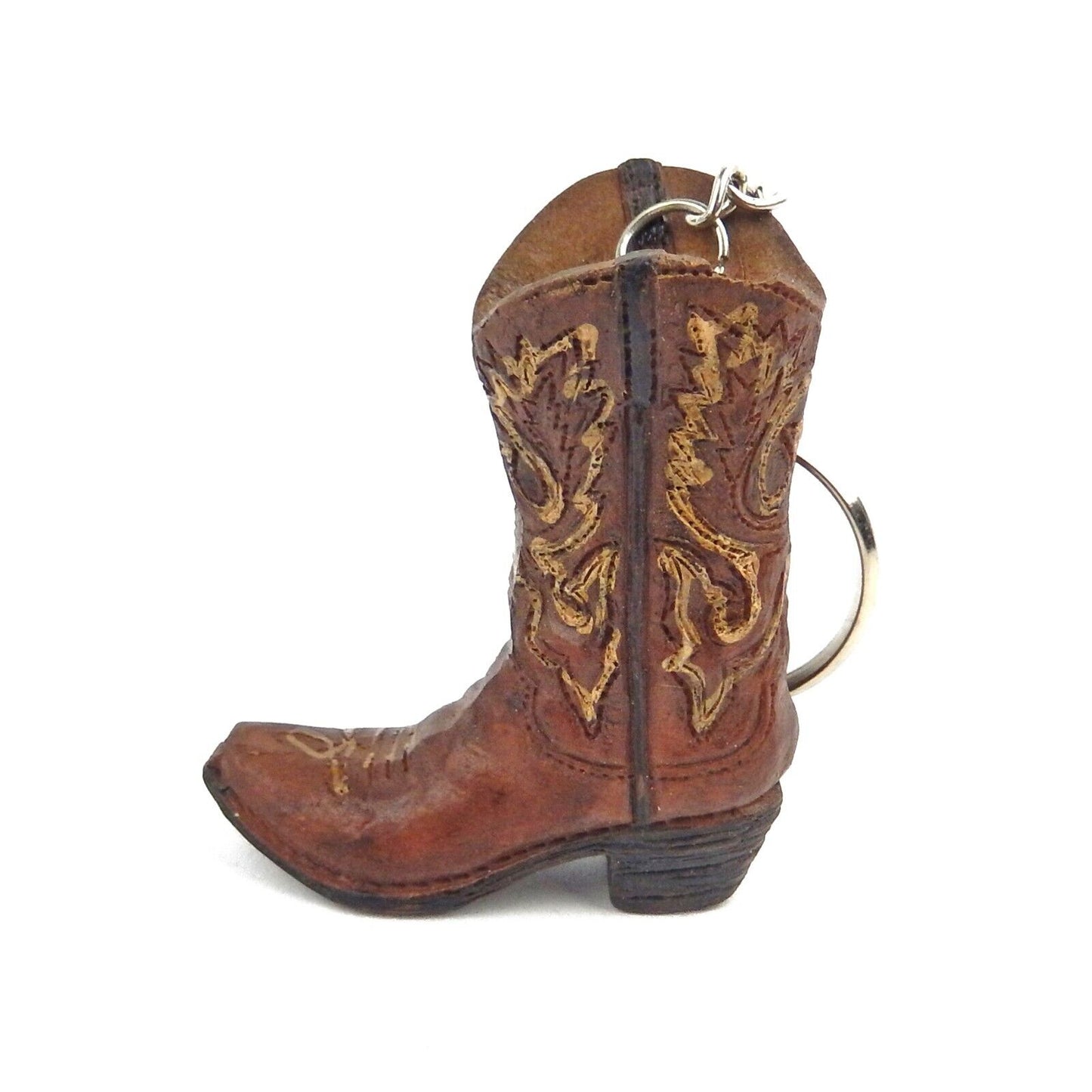 Rustic Tiny Cowboy Boot Keychain Key Ring Hand Painted Polyresin Brown Western