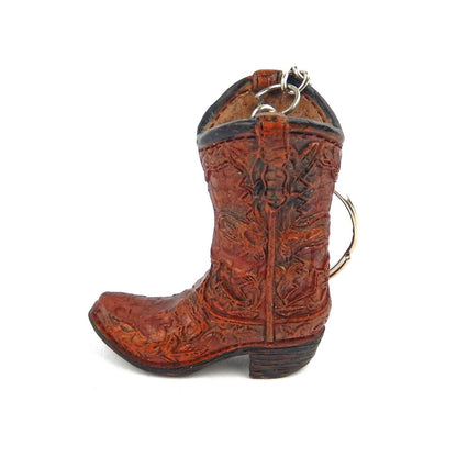 Tiny Cowboy Boot Keychain Key Ring Floral Hand Painted Polyresin Western Brown