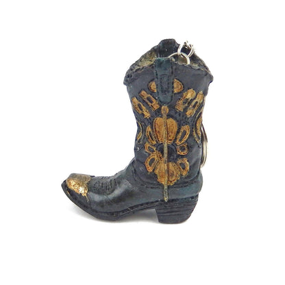 Tiny Cowboy Boot Keychain Key Ring Floral Hand Painted Polyresin Western Black