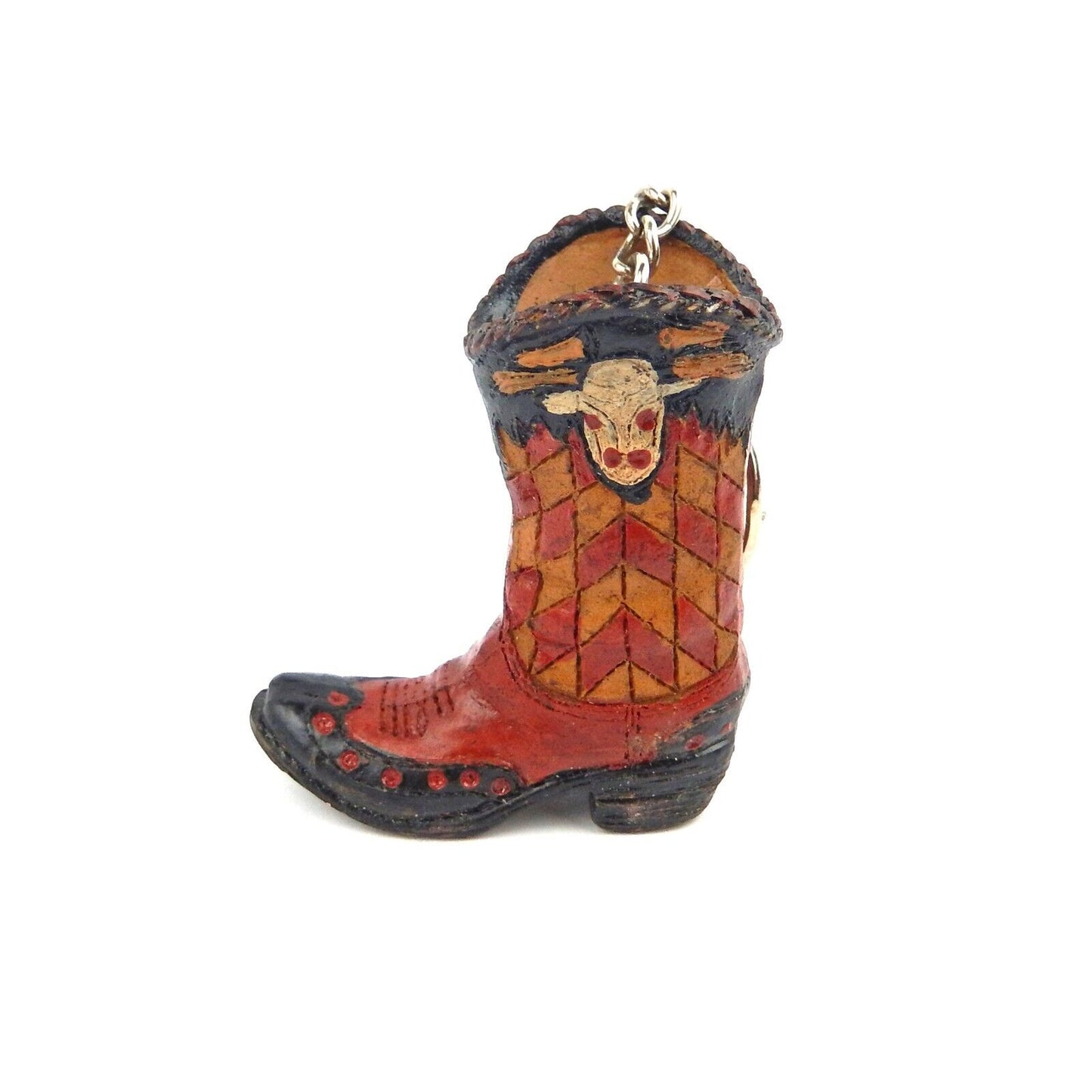 Tiny Cowboy Boot Keychain Key Ring Hand Painted Polyresin Western Style Red