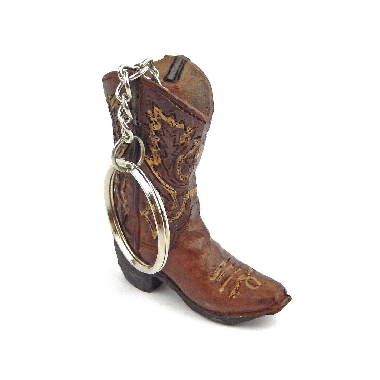 Rustic Tiny Cowboy Boot Keychain Key Ring Hand Painted Polyresin Brown Western