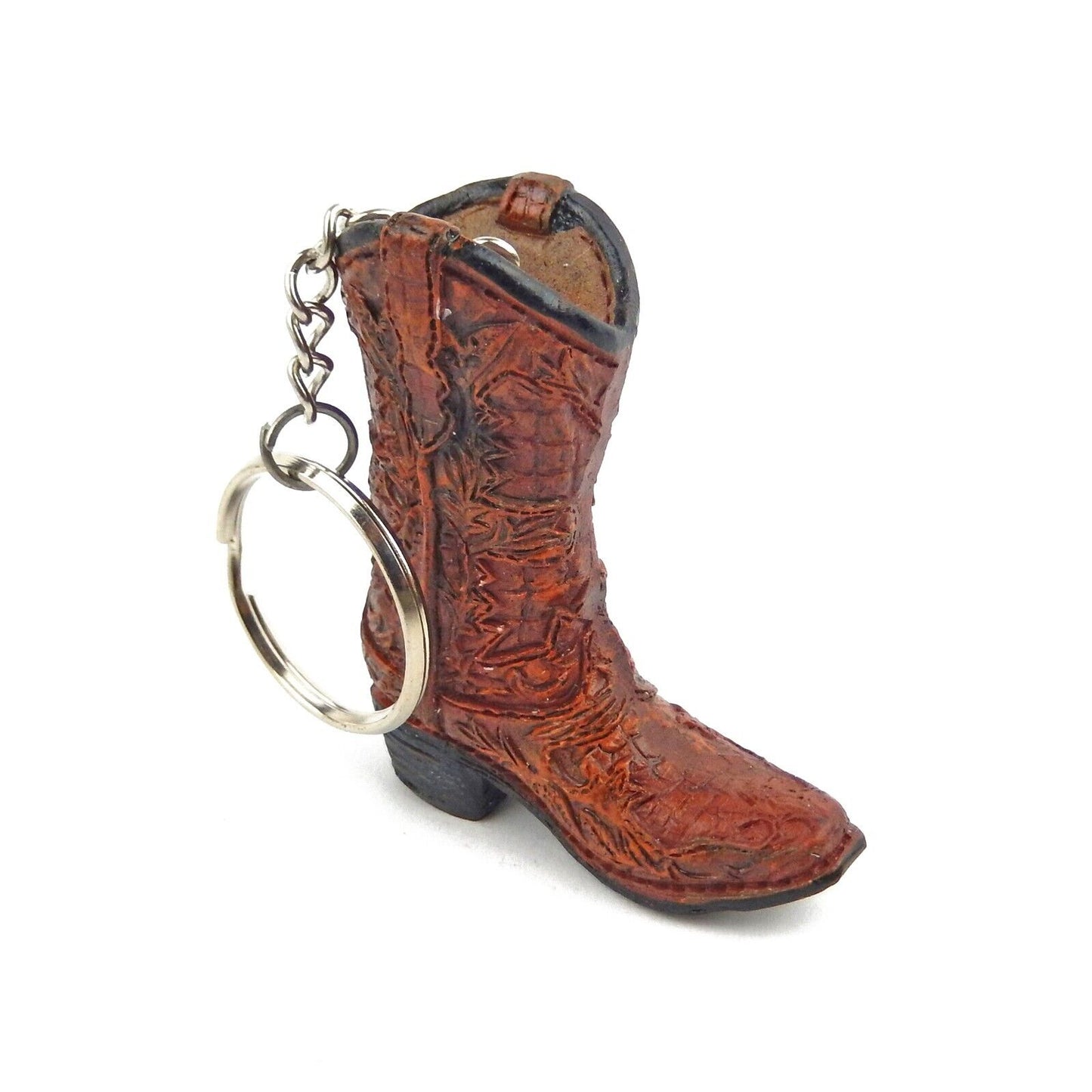 Tiny Cowboy Boot Keychain Key Ring Floral Hand Painted Polyresin Western Brown