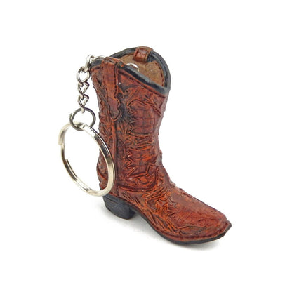 Tiny Cowboy Boot Keychain Key Ring Floral Hand Painted Polyresin Western Brown