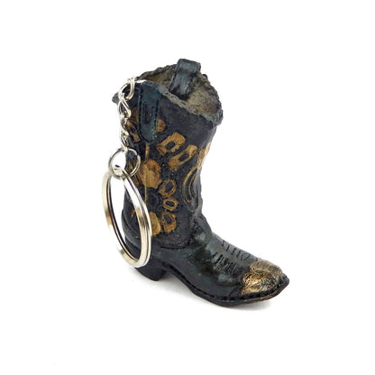 Tiny Cowboy Boot Keychain Key Ring Floral Hand Painted Polyresin Western Black