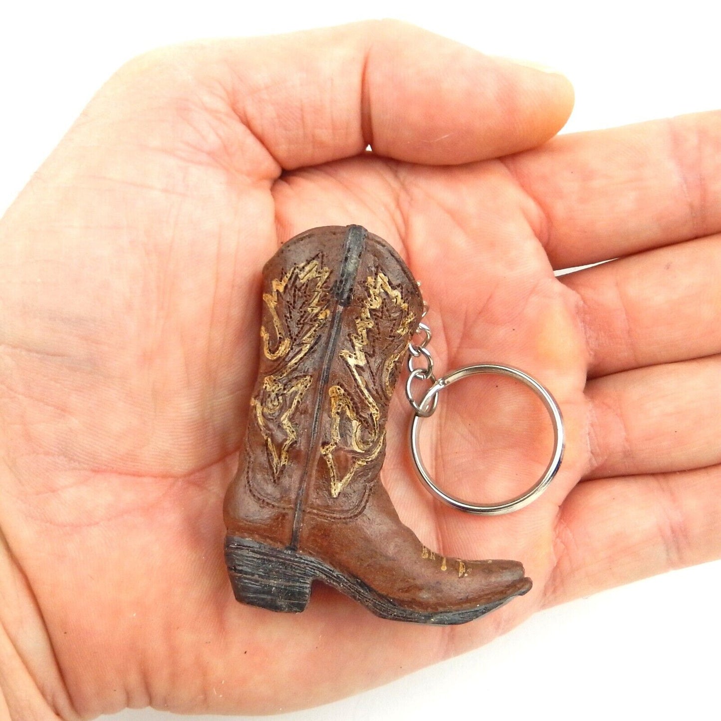 Rustic Tiny Cowboy Boot Keychain Key Ring Hand Painted Polyresin Brown Western