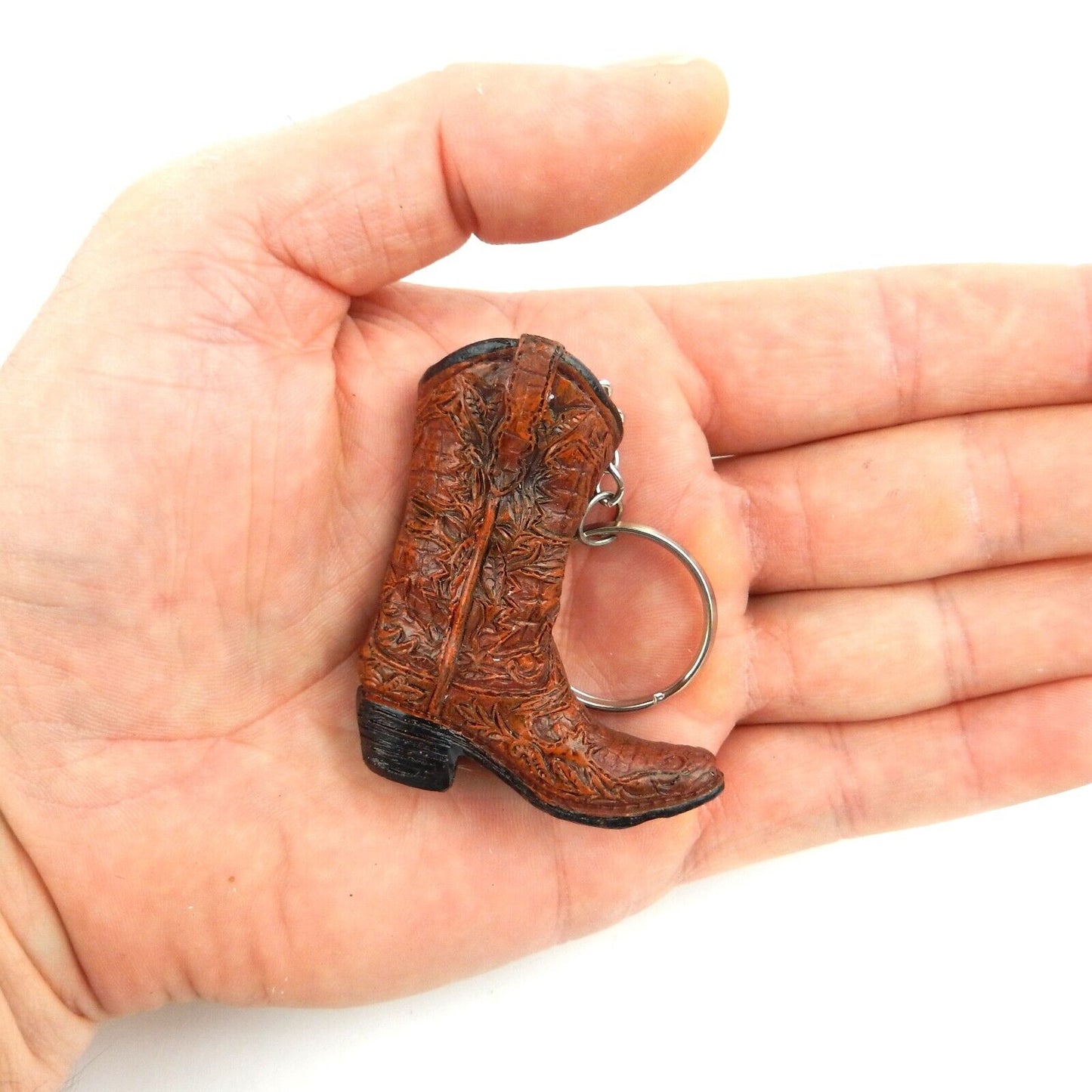 Tiny Cowboy Boot Keychain Key Ring Floral Hand Painted Polyresin Western Brown