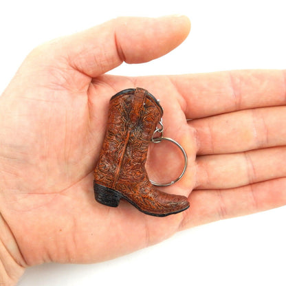 Tiny Cowboy Boot Keychain Key Ring Floral Hand Painted Polyresin Western Brown