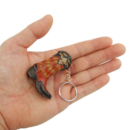 Tiny Cowboy Boot Keychain Key Ring Hand Painted Polyresin Western Style Red