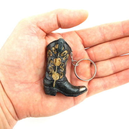 Tiny Cowboy Boot Keychain Key Ring Floral Hand Painted Polyresin Western Black