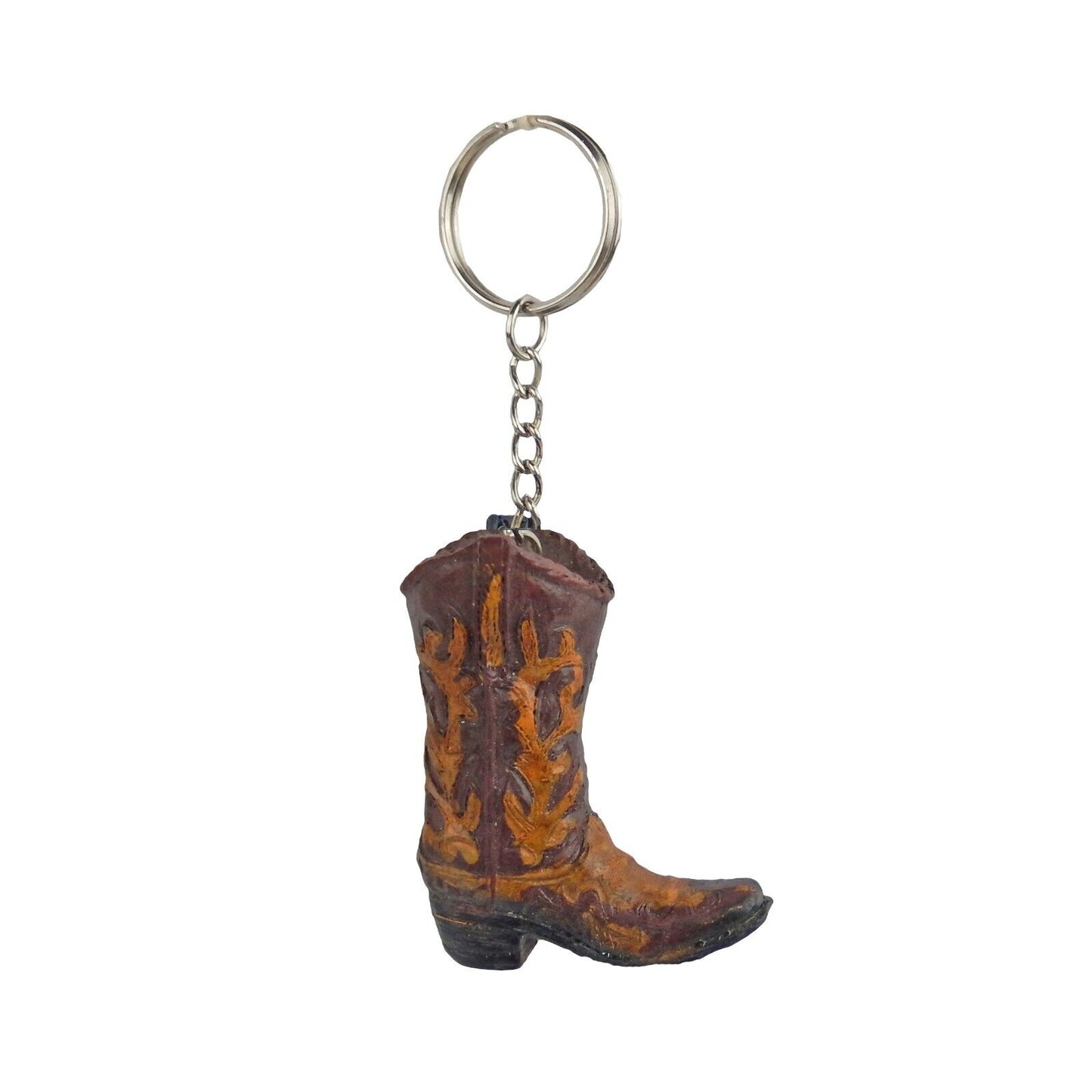 Tiny Cowboy Boot Keychain Key Ring Hand Painted Polyresin Western Style Brown