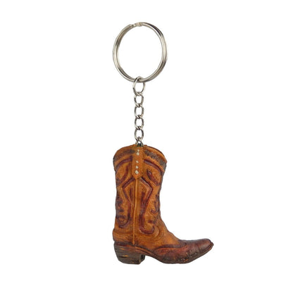 Tiny Cowboy Boot Keychain Key Ring Hand Painted Polyresin Western Brown