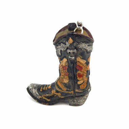 Tiny Cowboy Boot Keychain Key Ring Hand Painted Polyresin Western Floral Black