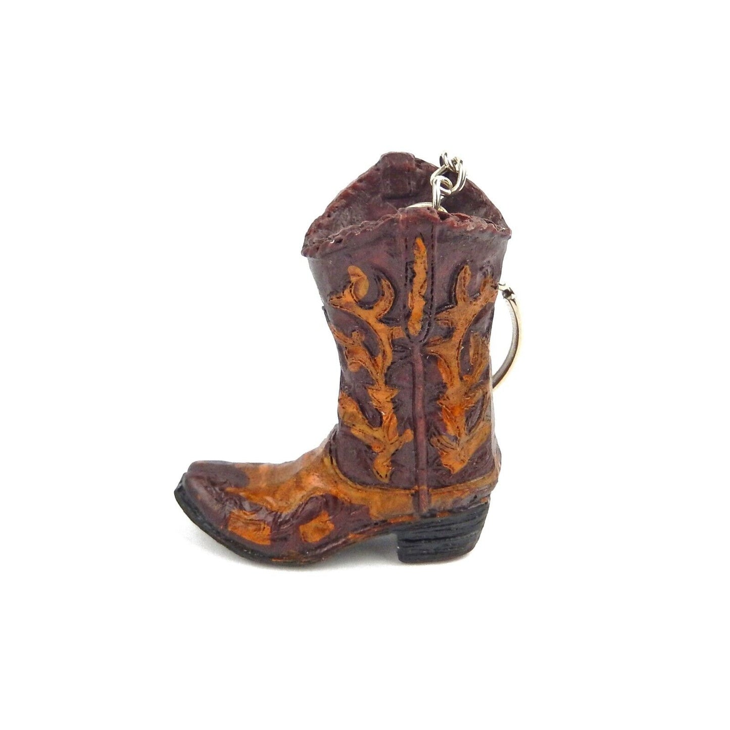 Tiny Cowboy Boot Keychain Key Ring Hand Painted Polyresin Western Style Brown