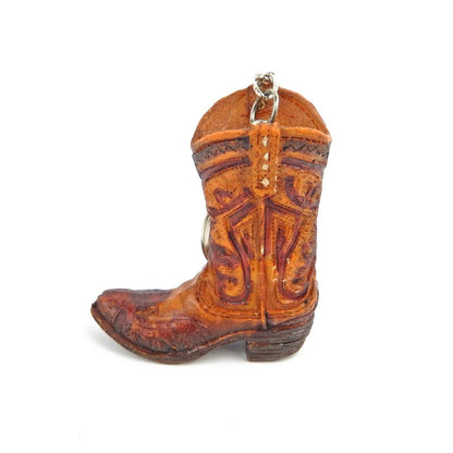 Tiny Cowboy Boot Keychain Key Ring Hand Painted Polyresin Western Brown