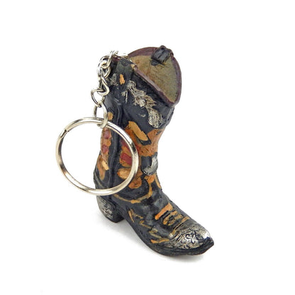 Tiny Cowboy Boot Keychain Key Ring Hand Painted Polyresin Western Floral Black