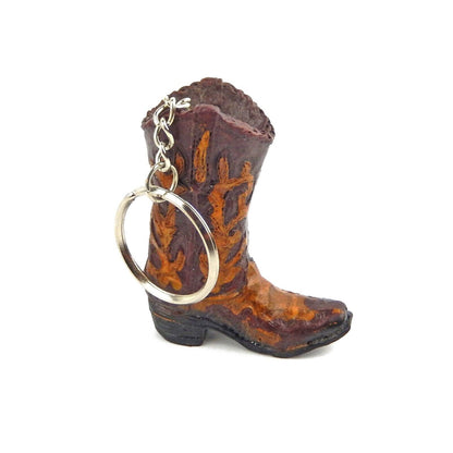 Tiny Cowboy Boot Keychain Key Ring Hand Painted Polyresin Western Style Brown