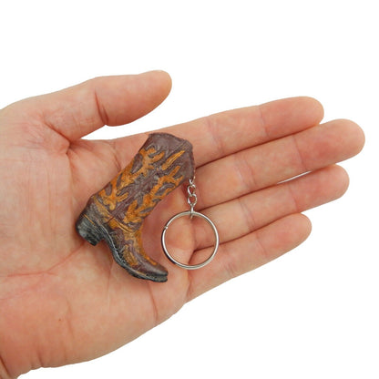 Tiny Cowboy Boot Keychain Key Ring Hand Painted Polyresin Western Style Brown