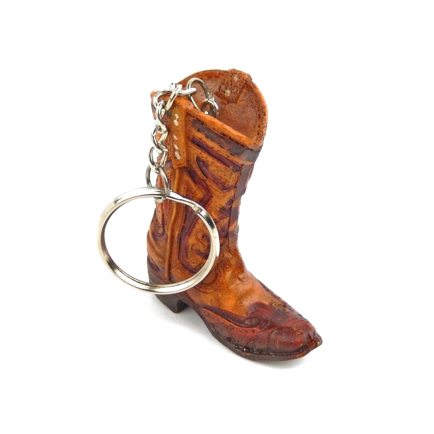 Tiny Cowboy Boot Keychain Key Ring Hand Painted Polyresin Western Brown