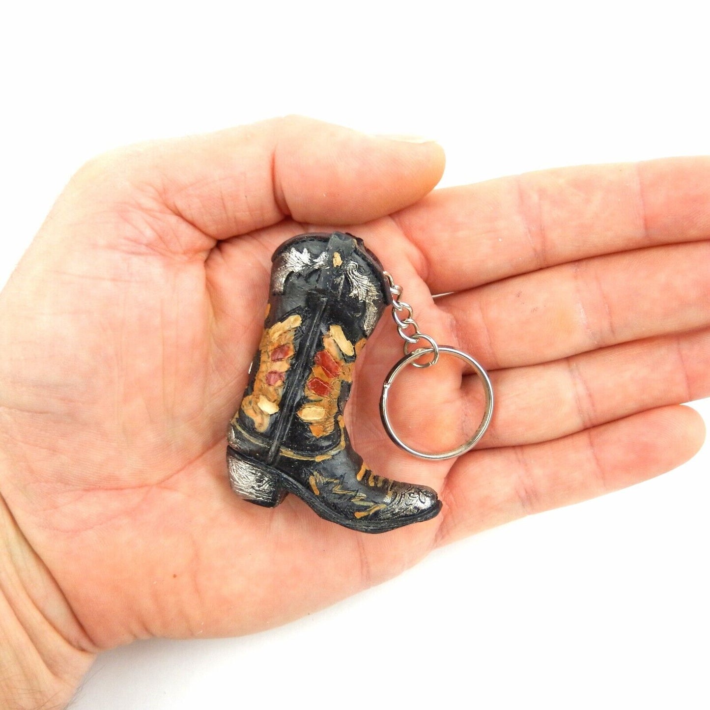 Tiny Cowboy Boot Keychain Key Ring Hand Painted Polyresin Western Floral Black