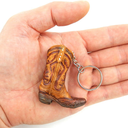 Tiny Cowboy Boot Keychain Key Ring Hand Painted Polyresin Western Brown