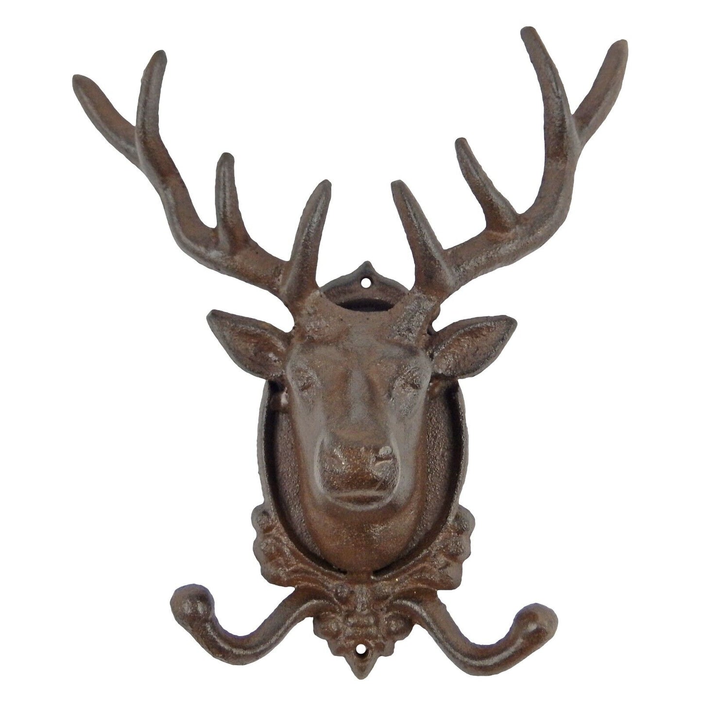 Cast Iron Deer Head Buck Double Wall Hook Rack Key Towel Coat Hat Hanger Brown