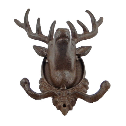 Cast Iron Deer Head Buck Double Wall Hook Rack Key Towel Coat Hat Hanger Brown