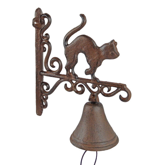 Cast Iron Cat Scrolls Porch Dinner Bell Wall or Post Mounted Antique Style Brown