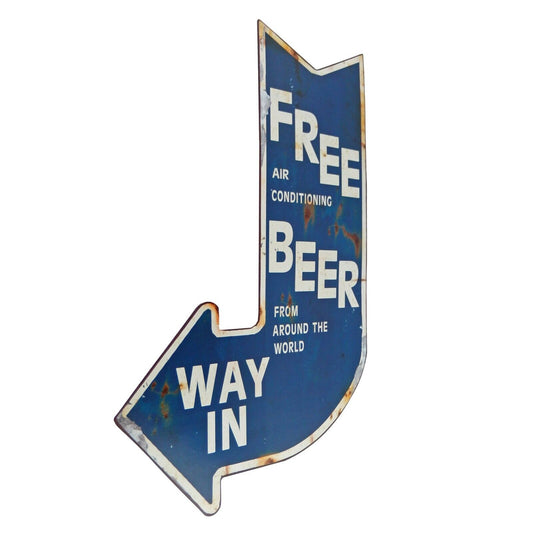 Free Beer & Air Conditioning Way In Arrow Metal Sign Rustic Bar Decor 22.5 inch