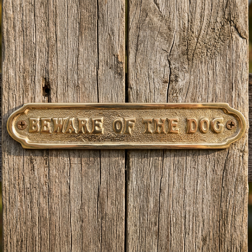 Beware of The Dog Solid Brass Sign Embossed Letters Screws Included 8 1/2"