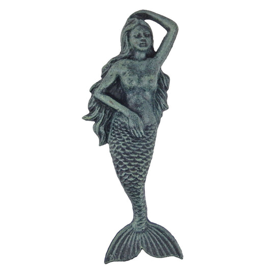 Cast Iron Mermaid Figure Wall Decor Nautical Bathroom Beach Antique Green 11 in