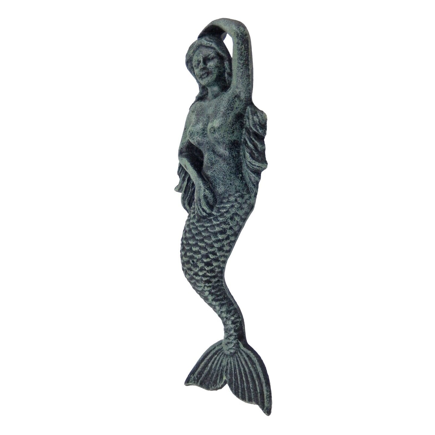 Cast Iron Mermaid Figure Wall Decor Nautical Bathroom Beach Antique Green 11 in