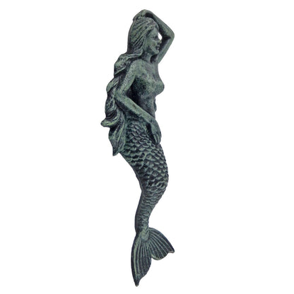 Cast Iron Mermaid Figure Wall Decor Nautical Bathroom Beach Antique Green 11 in