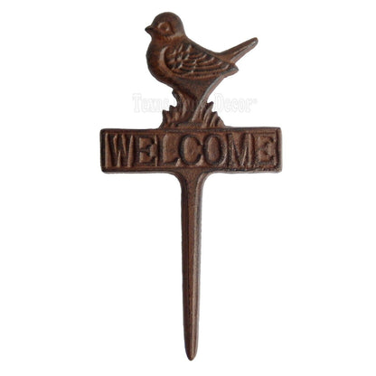 Bird Welcome Garden Ground Stake Cast Iron Yard Decor Rustic Finish 11" Tall