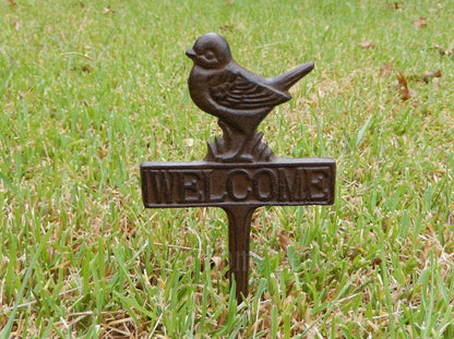 Bird Welcome Garden Ground Stake Cast Iron Yard Decor Rustic Finish 11" Tall